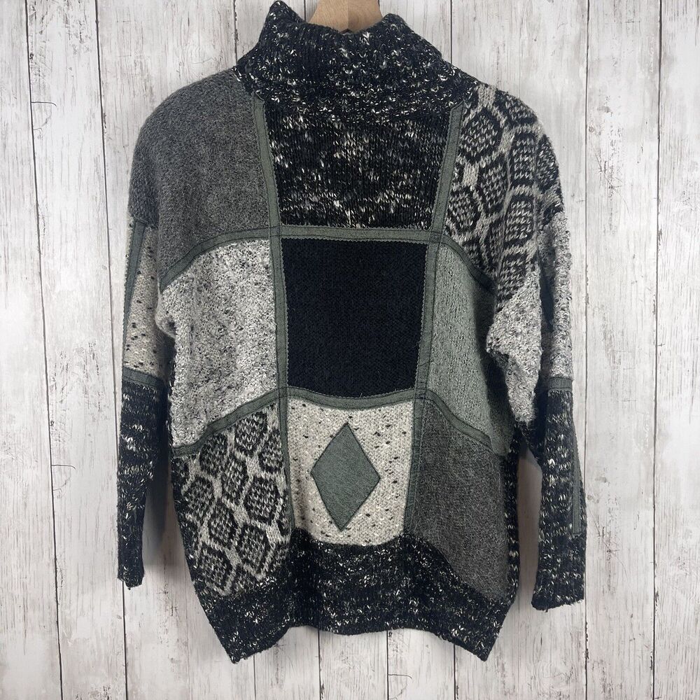 Vintage Fabe Turtleneck Sweater Womens M Black Gray Patchwork Grandpa Eclectic